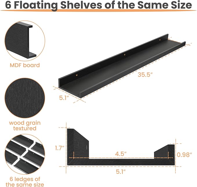 upsimples Floating Shelves for Wall Decor and Storage, Black, 6Pcs 35.5'' | Wall Mounted Wood Shelves for Living Room, Bedroom, Kitchen, Office, Nursery Room, Coffee Bar Display and Organize