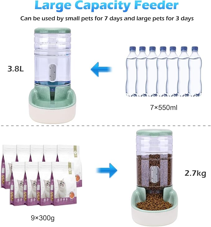 Kacoomi Automatic Dog Cat Feeder and Water Dispenser Gravity Food Feeder and Waterer Set with Pet Food Bowl for Small Medium Dog Puppy Kitten, Large Capacity 1 Gallon x 2