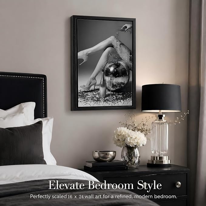 Framed Black and White Fashion Canvas Wall Art Trendy Women Disco Ball High Heels Wine Glass Picture Wall Decor Luxury Feminist Poster Print for Girl Bedroom Bar Cart Dorm Home Decoration 16x24in