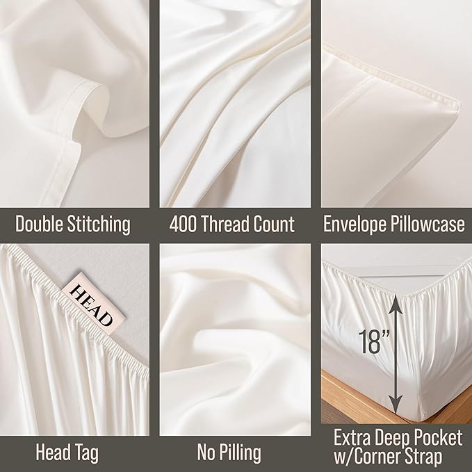 Bella Coterie Luxury Bamboo Viscose Cal King Size Sheet Set | 100% Organically Grown | Ultra Soft | Cooling for Hot Sleepers | 18" Deep Pocket [Ivory]
