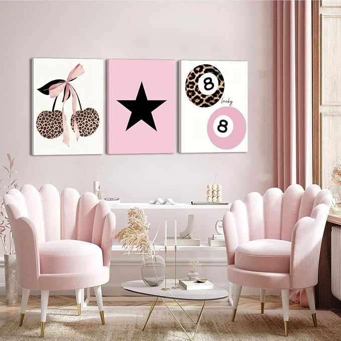 Trendy Pink Leopard Bow Canvas Wall Art Set of 3 Funky Cherry Lucky 8 Ball Posters Prints Wall Decor Cute Coquette Preppy Aesthetic Pictures for Girls Bedroom Dorm Apartment 12x16 In Framed