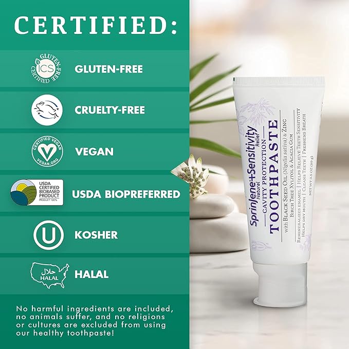SprinJene Natural Sensitivity Relief Toothpaste – Fluoride Toothpaste for Sensitive Teeth & Cavity Protection – SLS Free with Patented Black Seed Oil & Zinc – Made in The USA (4 Pack)