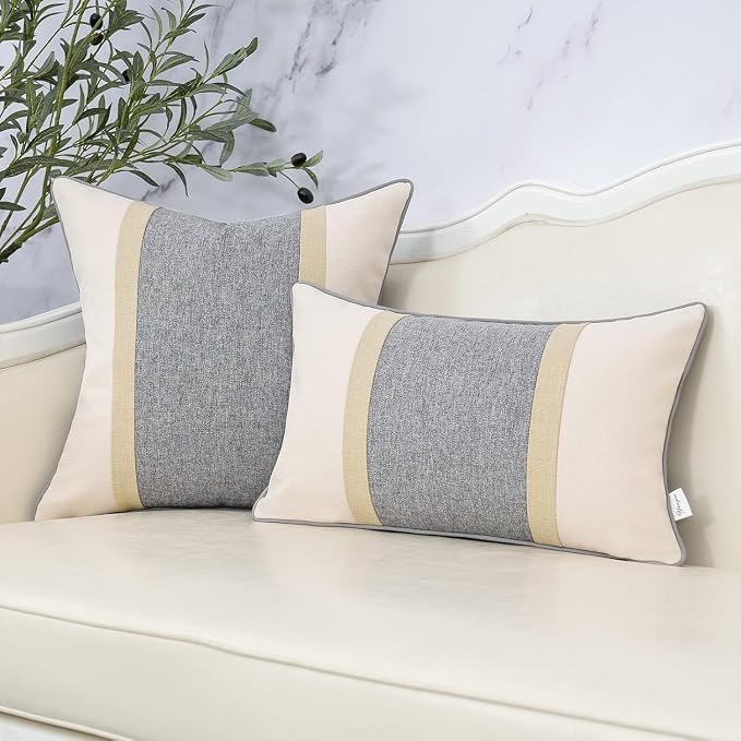 Patchwork Pillow Cover 12x20 Inch Luxury Cotton and Linen Cushion Cover Rectangle Pillowcover for Couch Bedroom Living Room,Gray