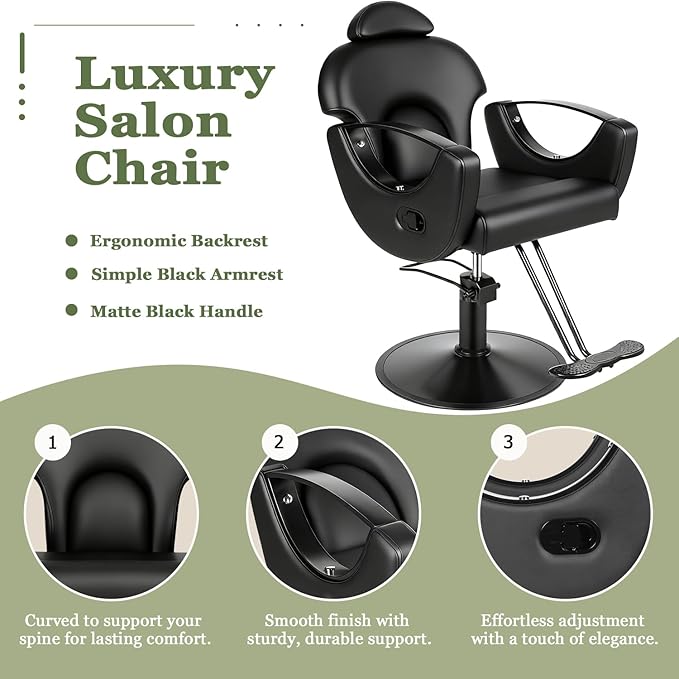 All Black Salon Chair Reclining Hair Chair for Hair Stylist, Heavy Duty Hydraulic Pump Barber Chairs, 360 Swivel Styling Chairs for Home Barbershop Beauty Spa Equipment