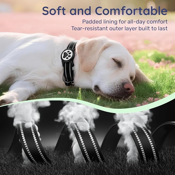 Premium Airtag Dog Collar，with IP68 Waterproof AirTag Holder,Black,M | Soft,Breathable,Nylon Padded,Reflective,Ultra-Durable Buckle,Adjustable,Comfortable for Small Medium Large Dogs