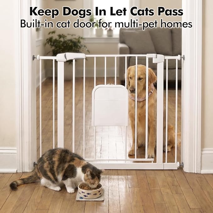 31-46“ Metal Pet Gate with Cat Door, Auto Close,White | Pressure Mounted,Two-way swing door,Pressure mounted no drill setup,adjustable 31-46in width for indoor doorways & stairs