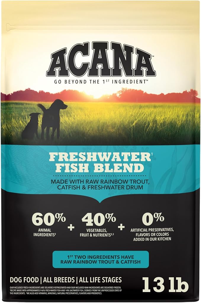 ACANA Grain Free Dry Dog Food Freshwater Fish Recipe 13lb Bag | Freeze Dried, Grain Free, High Protein, Made in the USA, Global Quality Ingredients, Nutrients and Flavor Preserved