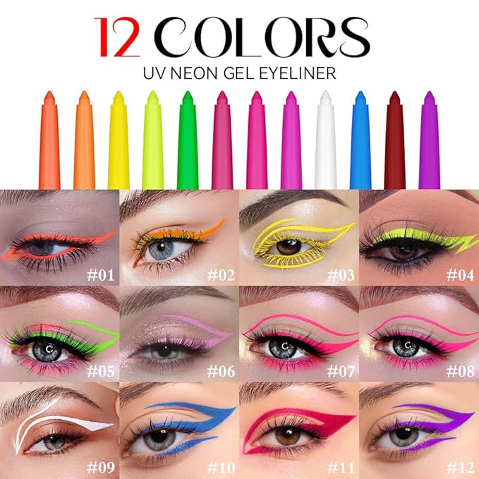 COOL STORY Neon Eyeliner Pencils Set Waterproof Smudge-proof 12 Color Women Makeup Gel Delineador UV Rave Face Body Painting Rainbow Pen Glow in the Dark