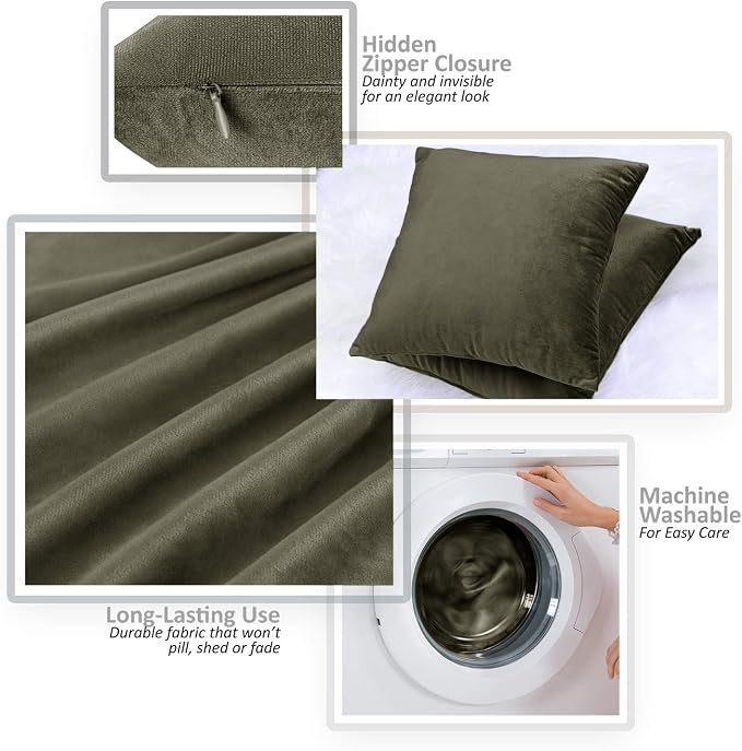 Nestl Throw Pillow Inserts Pack of 2 with Velvet Soft Solid Decorative Square Throw Pillow Covers Set for Sofa Couch Car Bedroom, 22X22 Throw Pillows Inserts with 20x20 Washable Cushion Covers, Khaki