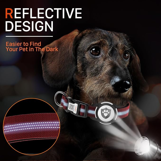 Waterproof AirTag Dog Collar with QR Code Dog Tag, Burgundy XS | IP68 waterproof, QR code dog tag, Anti-Lost, Online profile, fits XS-L (8"-26"), Padded nylon, Reflective, No App, No Fees