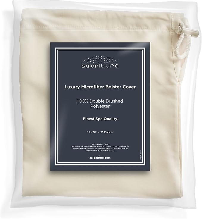 Saloniture Microfiber Cylinder Pillow Case Cover for Massage Table Bolsters - 30 x 9 Inch with Drawstring Closure, Natural