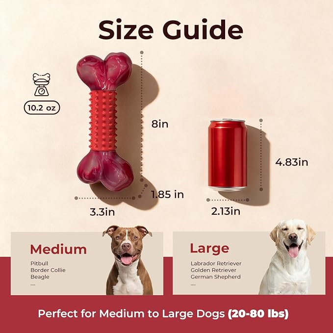 2-Pack Tough Dog Toys for Aggressive Chewers: Beef Flavored Long Lasting Dog Bones for Large Dogs, Heavy Duty Nylon & Rubber Dog Chew Toys to Keep Them Busy, Medium & Large Breed, Red