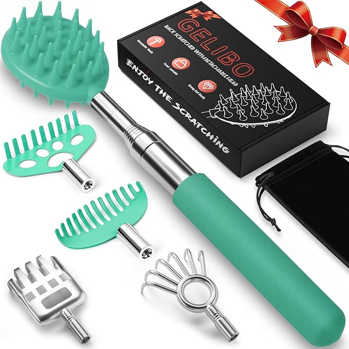 Gelibo Telescoping Back Scratcher with 5Pcs Detachable Heads, Extendable Back Massager Tool, Fathers Day Dad Gifts from Wife Daughter Son, Mens Gifts, Husband with Beautiful Box - Cyan