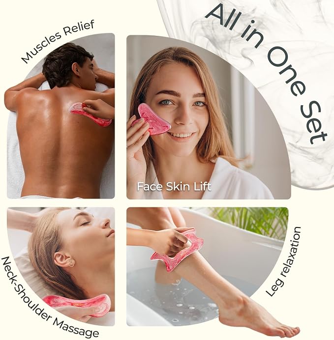 Scienlodic 3 Pcs Gua Sha Massage Tools for Face & Body (Red, Resin) - Scraping Tools for Back, Legs & Muscle Relaxation, Guasha Facial Tool for Jawline Contouring & Puffiness Reduction