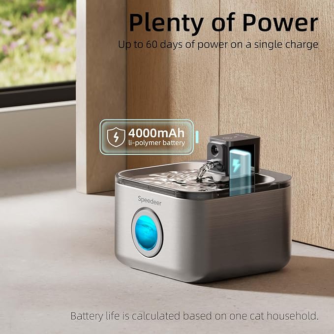 Wireless Cat Water Fountain Stainless Steel, 135oz/4L | Cordless Design, Motion Sensor, 4000mAh Battery Operated Pet Fountain, 3 Water Modes, 20dB Quiet Pump, Multi-Filtration