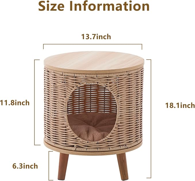 Rattan Cat House End Table, 2-in-1 Cat Bed Side Table, Stylish Pet Furniture for Indoor Cats in Living Room and Bedroom Natural