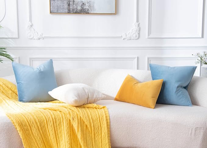 Throw Pillow Covers Set of 2 Velvet Cushion Covers 14x14,Light Blue | Decorative Pillow Covers with Invisible Zipper for Couch Sofa Bed Living Room Bedroom Home Decor