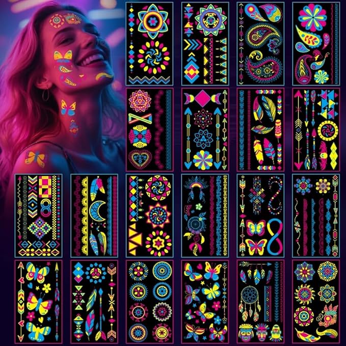 160 PCS Glow in The Dark Temporary Tattoos - Neon UV Blacklight Reactive Light Face Flash Tattoo Stickers,Festival Accessory Party Favors Supplies,Temp Great for EDM EDC Party Rave Parties 20 Sheet