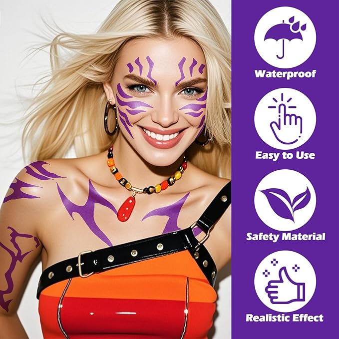 Temporary Tattoos For Men and Women - 12 Sheets Full Body Tattoos Stickers Waterproof Movie Cosplay Costume Accessories for Boys Girls Festival Party Rave Stage Makeup Decoration（Purple）
