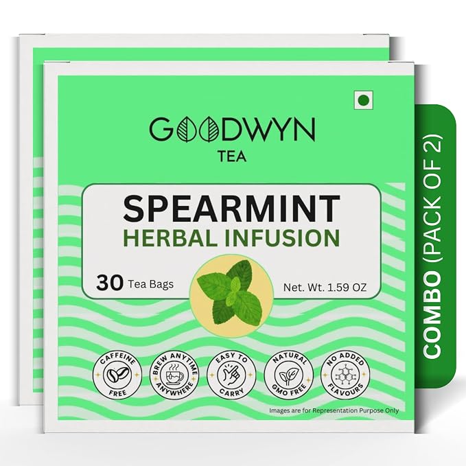 Goodwyn Spearmint Herbal Tea, 60 Tea Bags, Pure Spearmint Leaves, Caffeine Free, Plastic Free Bags, Refreshing Mint Infusion