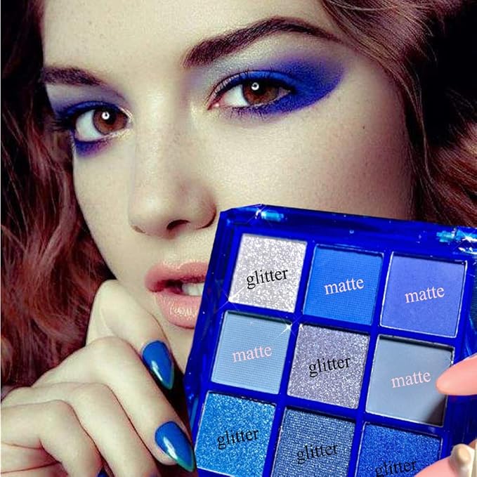 9-Color Glitter Matte Blue Eyeshadow Palette, Silver Grey, Light Blue, Highly Pigmented Waterproof Corpse Bride Makeup for Blue Eyes