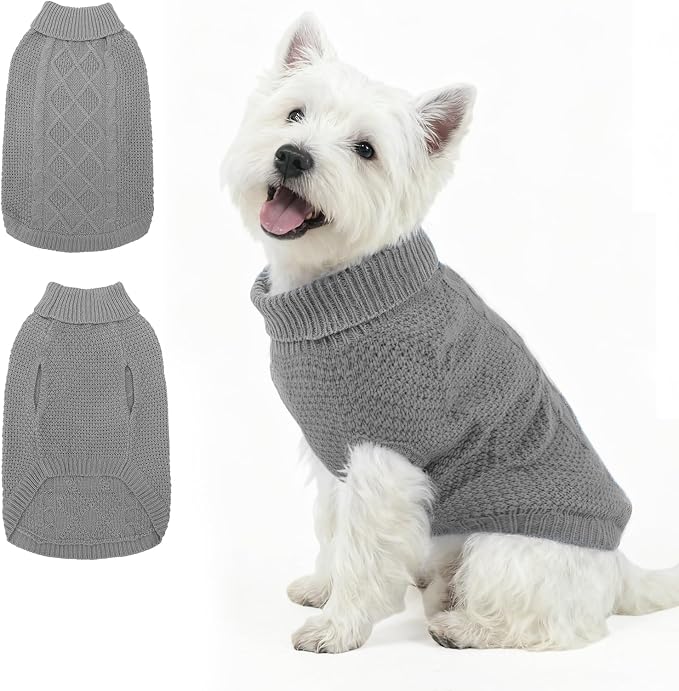 Mihachi Turtleneck Dog Sweater - Winter Coat Apparel Classic Cable Knit Clothes with Leash Hole for Cold Weather, Ideal Gift for Pet in New Year Grey SM