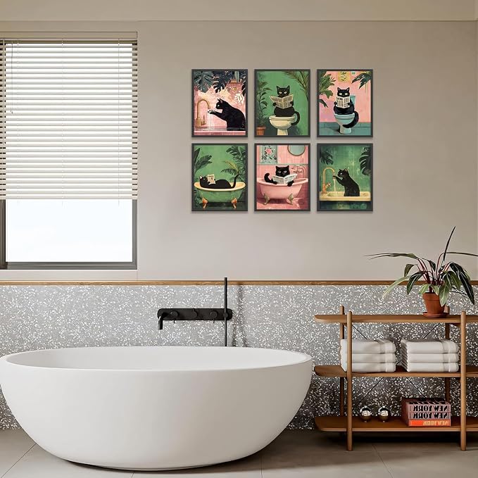 KBKBART 6pcs Funny Cat Bathroom Wall Art Prints Poster Unframed, 8x10 inch | Canvas Wall Decor, Black Cat Pictures Bathroom Toilet Art, Vintage Painting Artwork, for living room bedroom
