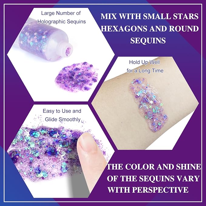 MEICOLY Light Purple Hair Glitter,Chameleon Purple Mermaid Face Glitter,Glitter Face Paint for Halloween,Mardi Gras Outfit for Women,Rave Glitter Makeup Sparkle Chunky Glitter for Women,50ml