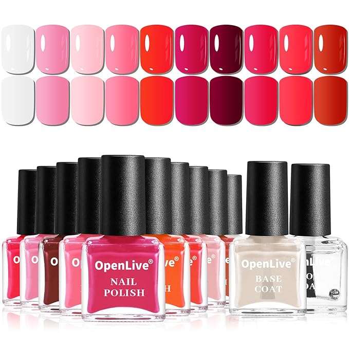 12 PCS Pink Nail Polish Set With 10 Colour Combo, 2 PCS Base and Top Coat, Fast Drying Long Lasting Nail Polish for Holiday Gift Giving 5ML