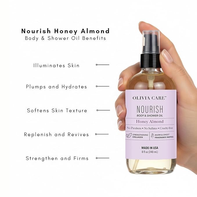 Olivia Care Body & Shower Oil – Vegan Hydrating Body Oil for Soft, Smooth Skin | Moisturizing Shower Oil with Collagen Support | Honey Almond Warm Sweet Fragrance