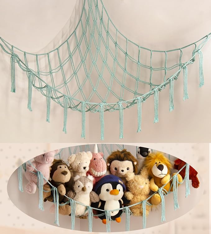 Stuffed Animal Hammock-Large Stuffed Animal Net For Toys Corner-Hanging Stuff Animal Toy Storage Organizer For Plush Plushie Display Light Blue Girl Room Bedroom Boho Nursery Decor Toy Storage