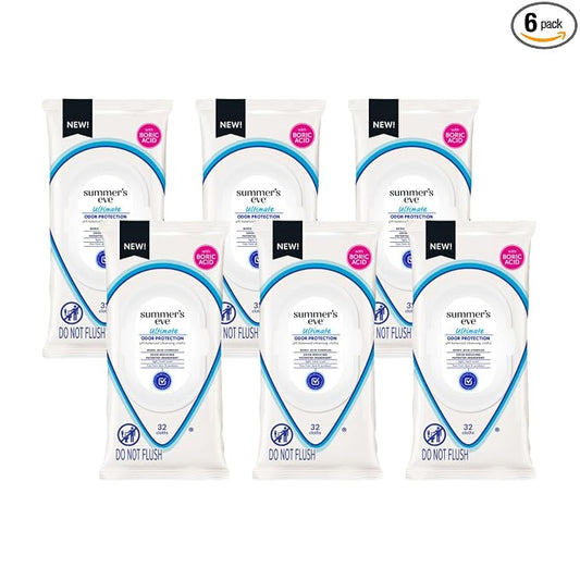 Summer’s Eve Ultimate Odor Protection Feminine Cleansing Wipes, Daily Intimate Cloths, with Boric Acid Complex, pH Balanced, Removes Odor, 32 Count (Pack of 6)