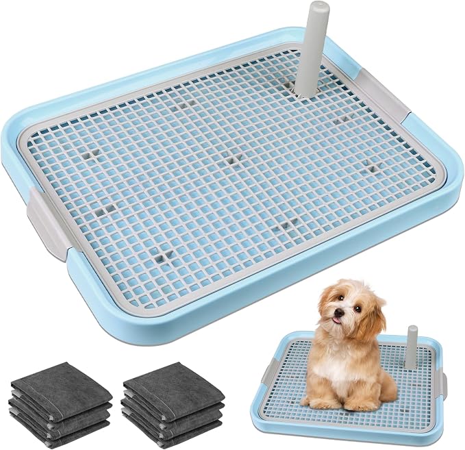 CUHIOY Dog Potty Tray Toilet 20"x14", Indoor Pee Pad Holder, Blue | With 8pcs Training Pads, Puppy Pee Mesh Potty Pan, Secure Latch Doggy Bathroom Litter Box for Small Medium Puppies