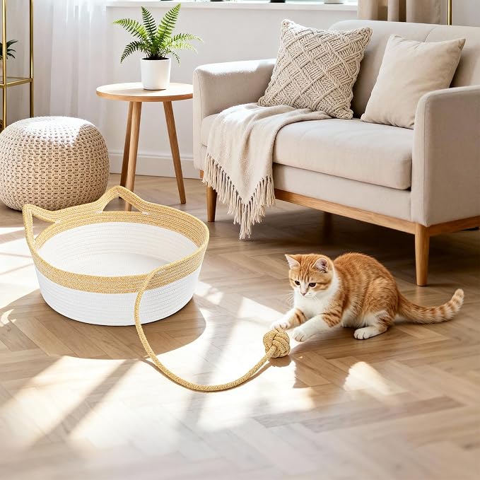 Cotton Rope Woven Cat Bed, Instinct Pet Basket with a Play Ball, Large | Foldable Cat Scratcher Basket for Indoor Cats, Puppies, Rabbits and Small Pets, Yellow & White