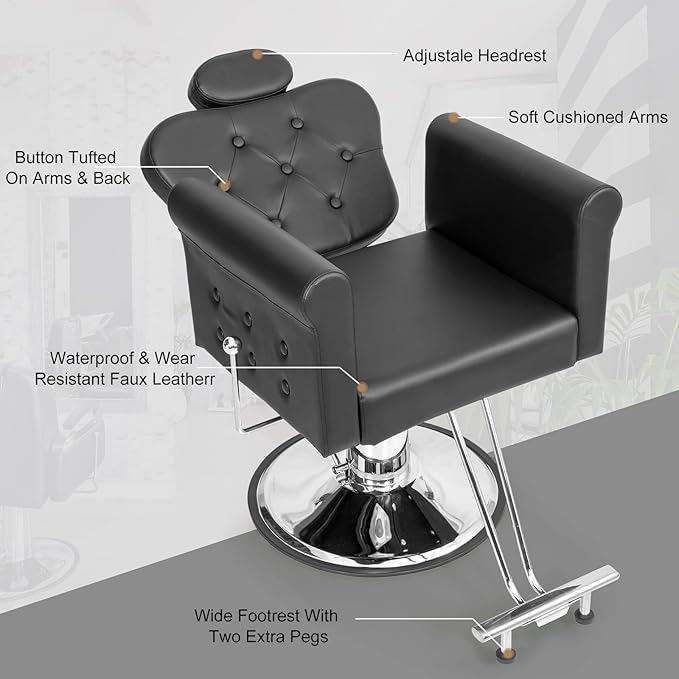 OmySalon All Purpose Salon Chair with Reclining Back & Tufted Button, Stylist Chairs for Salon, Barber Chair Heavy Duty Hair Chair for Braiding Makeup Threading Waxing, Black