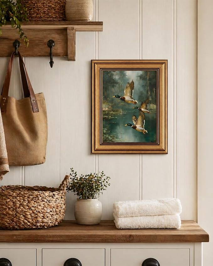Gold Framed Wall Art, Vintage Mallard Duck Canvas Prints, Flying Ducks Rustic Cabin Lake Picture Wall Decor, Farmhouse Wildlife Nature Artwork for Living Room Hunting Lodge, Man Cave 12x16 inch
