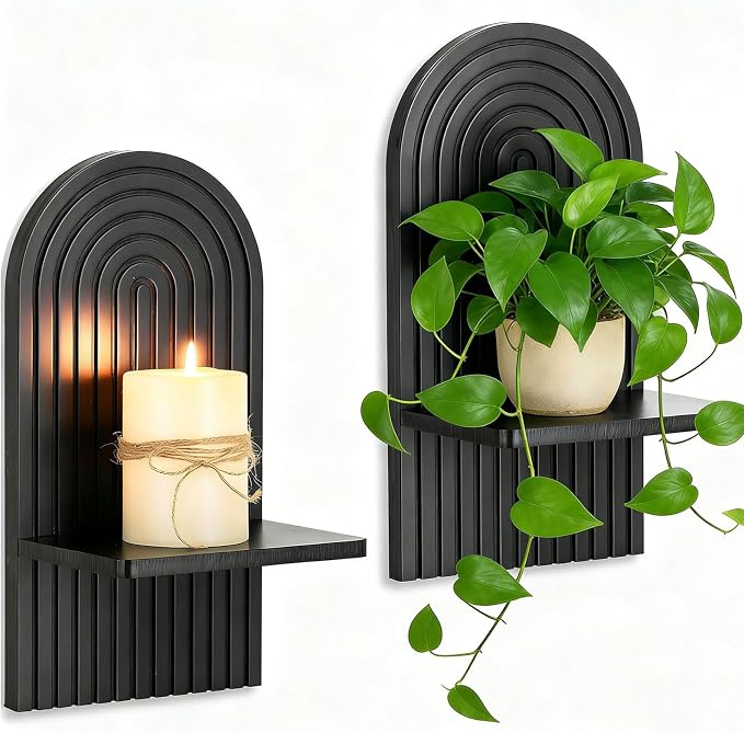 Black Wall Candle Holder: Wood Arch Candle Sconces Set of 2 | Modern Minimalist Shelf, with A Location Board Slot, for Plants Pillars, for Hallway Fireplace Bedroom