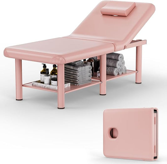 Olela Wide Foldable Massage Table - Professional Massage Table with Adjuatable Backrest & Large Storage Space, Treatment Tables with Metal Frame and Pu Leather for Spa, Beauty, Rehabilitation