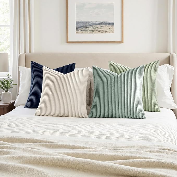 MIULEE Soft Corduroy Decorative Throw Pillow Covers Muted Teal 18x18 | Set of 4, Mordern Nordic Decor, Muted Morandi Tones, Boho Farmhouse Cushion Covers for Couch Bed Sofa Living Room