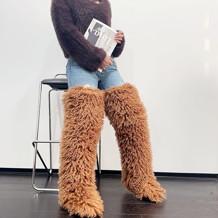 SWEETHEART BEAUTY Thigh High Shagy Teddy Fur Boots, 29 Inch Over the Knee Length Fluffy High Boots, Tall Furry Shoes For Women