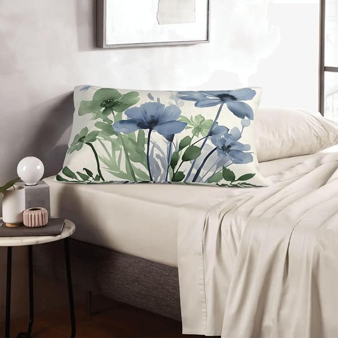 Spring Floral Pillow Covers 12x20 Inch Set of 2 Green Blue Floral Throw Pillow Covers Outdoor Rustic Summer Flower Decoration Pillowcase Farmhouse Decorative Lumbar Cushion Cover For Couch Sofa