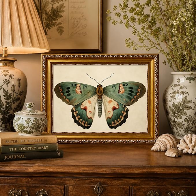Vintage Butterfly Wall Art, Gold Framed Canvas Print, 12x16 in | Vintage butterfly print with ornate gold frame, ready to hang for bedroom, bathroom, shelves, and gallery walls