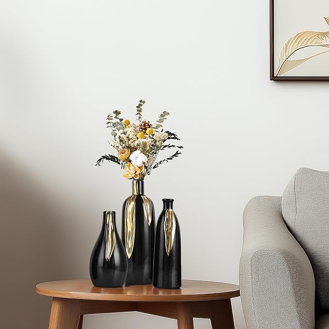 Black and Gold Vase Set of 3, Modern Ceramic Decorative Vases for Living Room, Bedroom, Art Decor, Mantle, Home Event Decor, Office Decorative, Weddings, Rustic & Farmhouse (Black Gold)