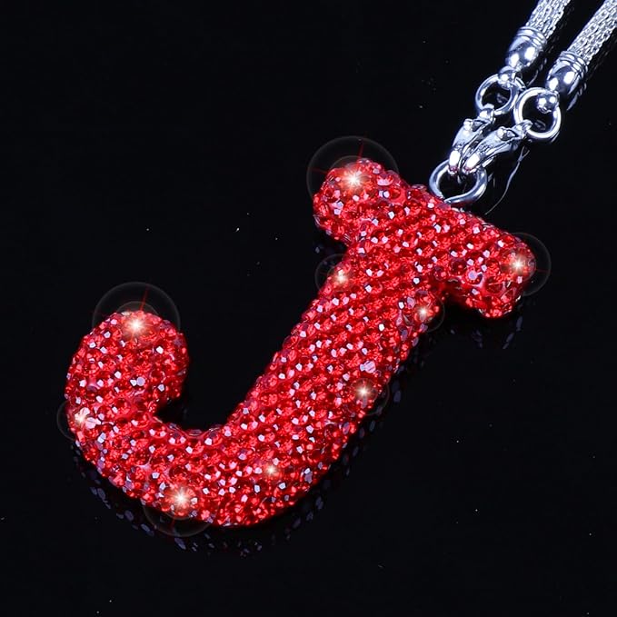 Car Rear View Mirror Ornament Hanging Lucky Crystal Pendant Red Bling Car Accessories for Women Rhinestone Charm Auto Decoration (Red,J)