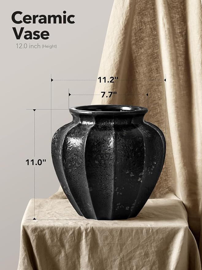 LE TAUCI 11" Ceramic Vase, Artisan Large Black Ceramic Vase for Modern Home Decor, Substantial & Stable, Handcrafted Flower Vase, Living Room & Dining Room Table Centerpiece, Distressed Iron Black