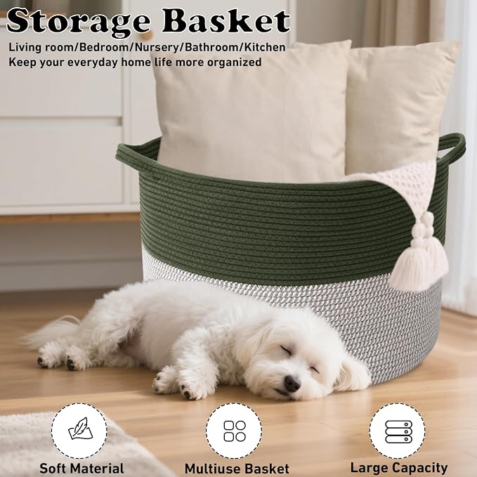 90L Extra Large Blanket Basket,Woven Laundry Basket-Green&White | Collapsible, reinforced handles, nursery storage bin organizes clothes, toys and pillows for living room, bedroom bathroom