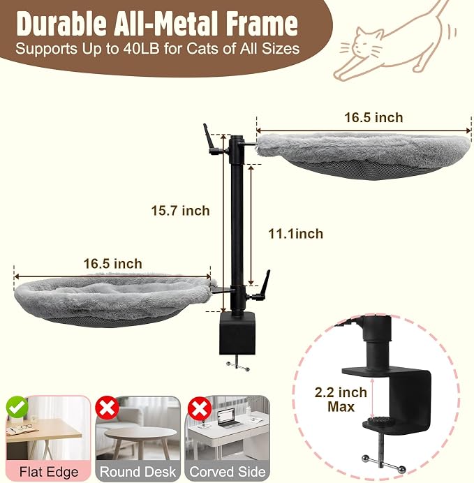 Double Cat Desk Bed, 360° Rotating & Adjustable Heigh Kitten Nest for Desktop, Double Kittens Clamp Hammock Bed with Dual-Sided Reversible Mat for Home Office-Maximum Hold Up to 40lb