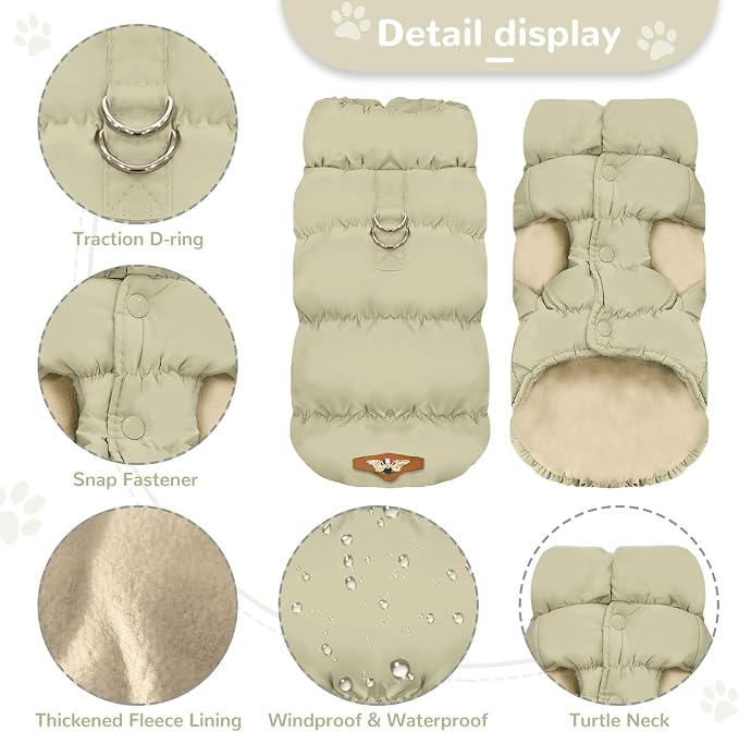 ABRRLO Winter Warm Dog Jacket for Small Medium Dogs Cat Cold Weather Coats with Harness Paded Dogs Fleece Vest Waterproof Windproof Dog Snow Jacket Pet Puppy Clothes (Khaki,M)