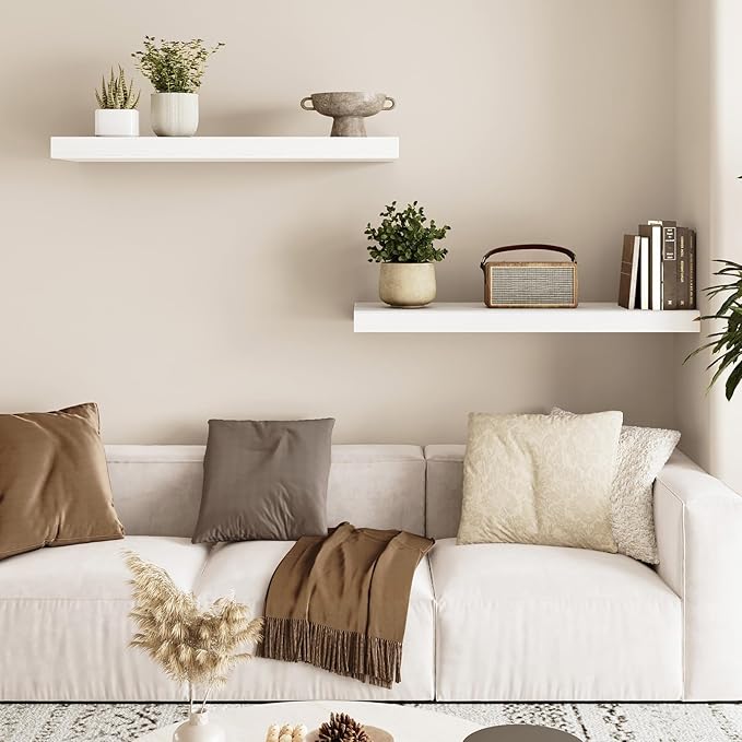 Fixwal Floating Wall Shelves for Decor (White, Set of 2, 22Inch) | MDF Shelf with Metal Brackets, Space Saving for Books , Decor, Fits Bathroom, Kitchen, Bedroom, or Office