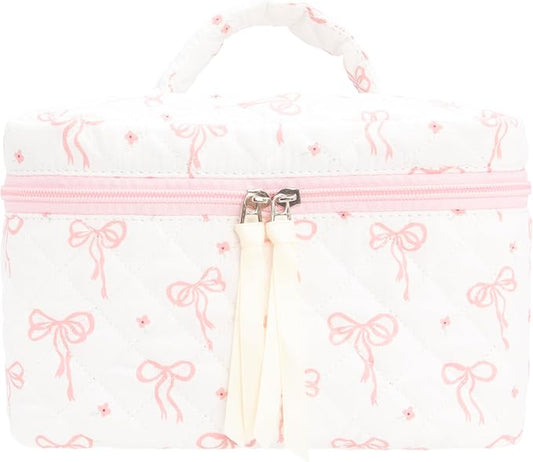 Quilted Makeup Bag Large Travel Zipper Soft Cosmetic Case for Women Girls Make Up,Bow Pink